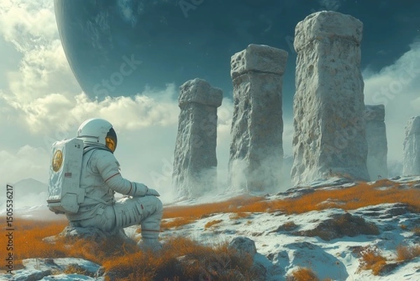 Obraz A lone astronaut discovering an ancient, magical Stonehenge on a mysterious, uncharted planet 