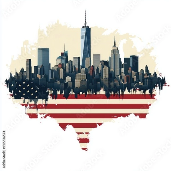 Obraz cartoon american flag with shadow of the of new york city in it with a white background 