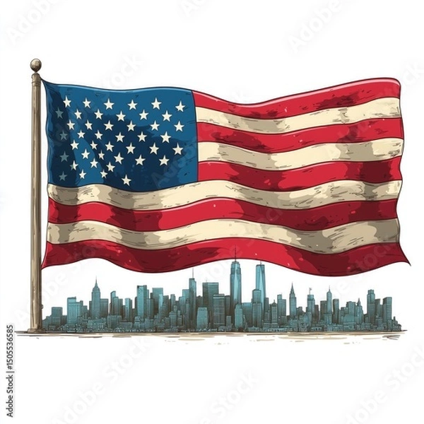 Obraz cartoon american flag with shadow of the of new york city in it with a white background 
