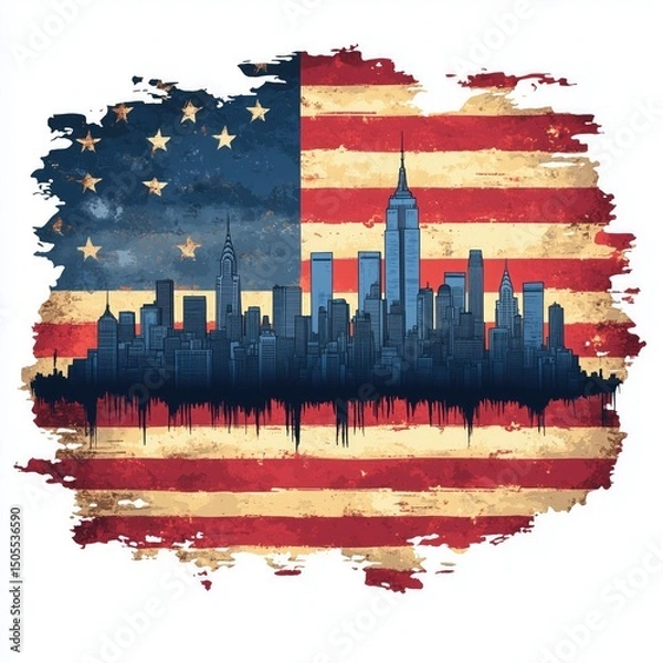 Obraz cartoon american flag with shadow of the of new york city in it with a white background 