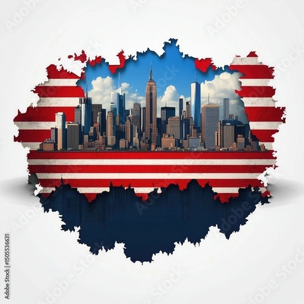 Obraz cartoon american flag with shadow of the of new york city in it with a white background 