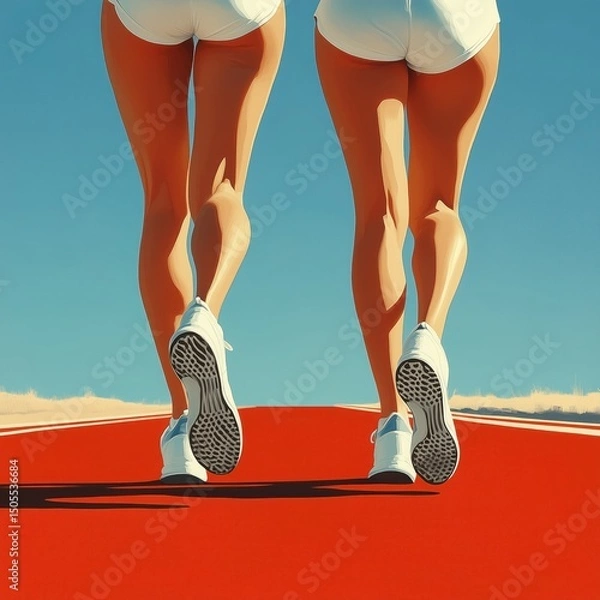 Obraz illustration of 2 womens legs in running shoes on a red running track