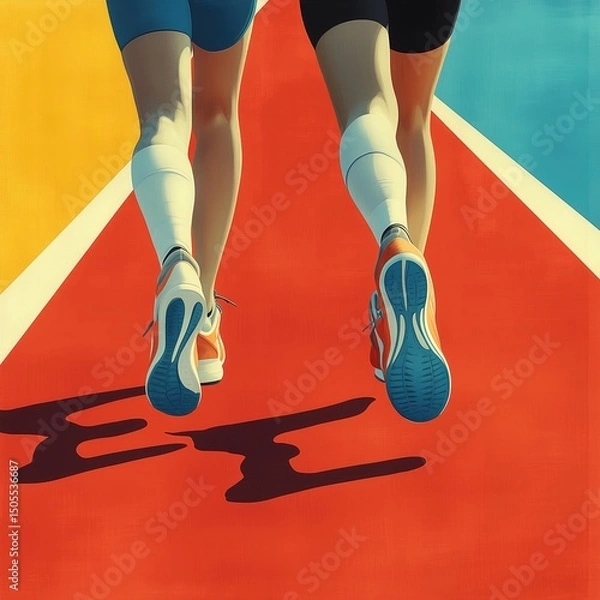 Obraz illustration of 2 womens legs in running shoes on a red running track