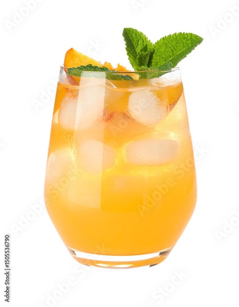 Fototapeta refreshing peach cocktail with ice and mint leaves isolated on transparent background, png