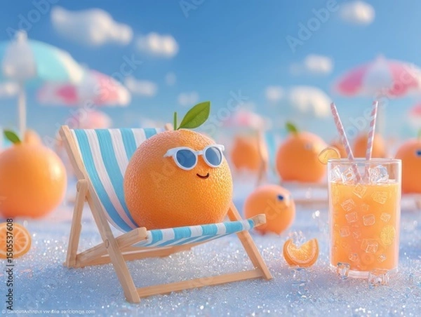 Obraz A cartoon orange wearing sunglasses is sitting in a beach chair