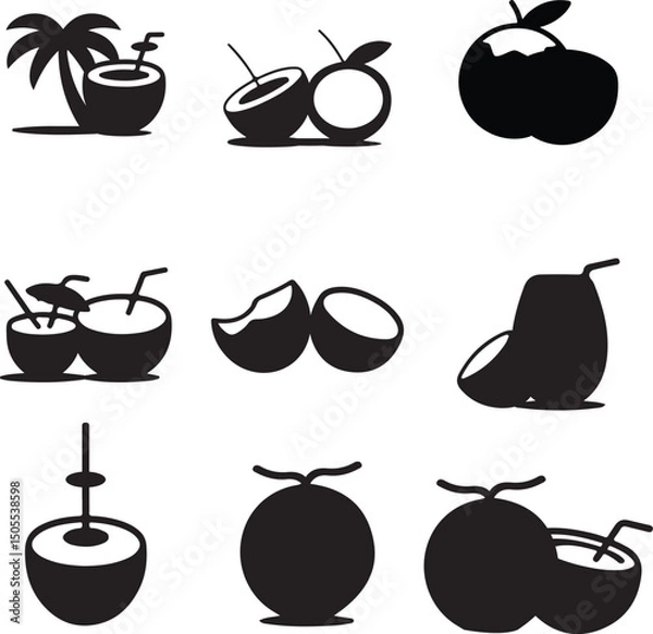 Fototapeta a set of nine simple, black and white coconut illustrations, varying from whole coconuts to cracked ones, and some with drinking straws.