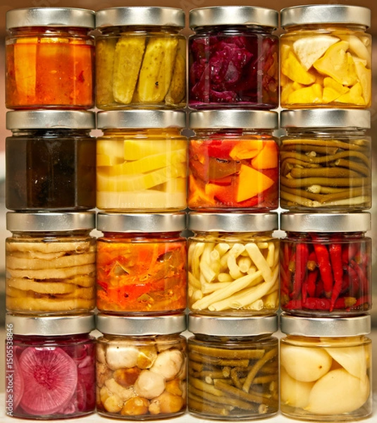 Fototapeta A set of different pickled vegetables in jars