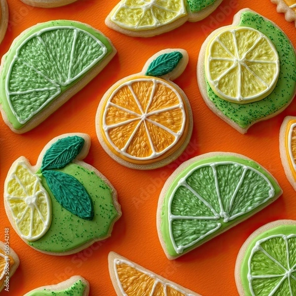 Obraz Vibrant citrus-slice sugar cookies arranged on an orange background; detailed icing; green leaves