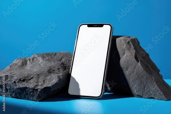 Obraz Sleek smartphone with blank screen stands between two dark gray rocks on a vibrant blue background, cast in sunlight