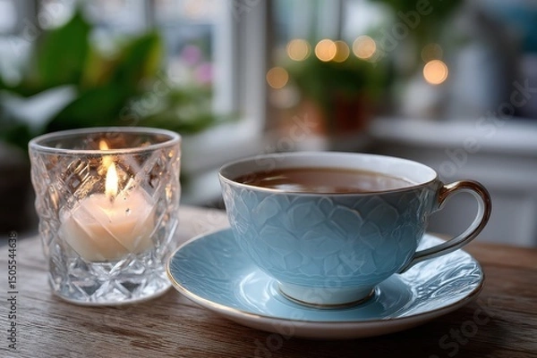Fototapeta A serene scene of a delicate tea cup accompanied by a lit candle creates a warm and cozy atmosphere, perfect for relaxation and moments of tranquility in daily life.