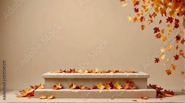 Fototapeta Stone pedestal adorned with vibrant autumn leaves in warm hues, set against a soft beige background, creating a serene and tranquil atmosphere for seasonal decor