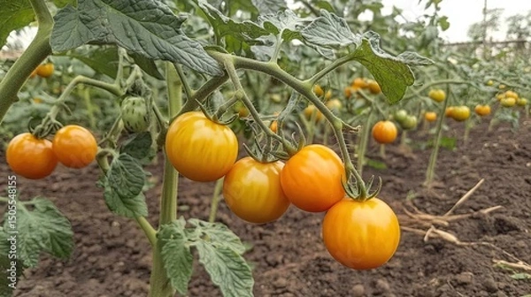 Fototapeta A vibrant cluster of ripe golden tomatoes glowing on the vine in the garden fresh from the earth with soft