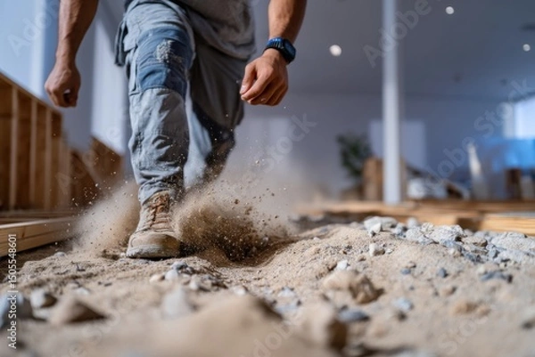 Fototapeta A construction worker strides through a sandy area, kicking up dust with each step, showcasing the hard work and determination present on a construction site.
