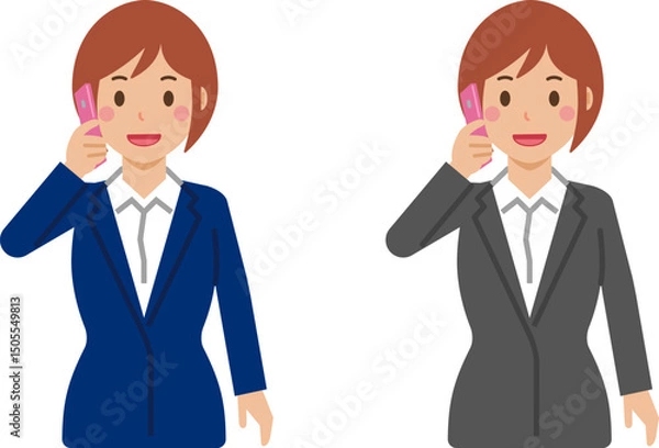 Fototapeta スマホで電話するショートヘアの若い女性。スーツ姿の上半身