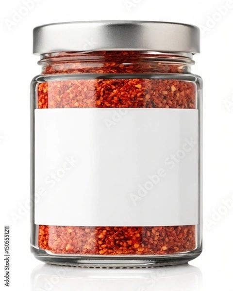 Obraz Crushed Red Pepper Flakes in Glass Jar with Blank Label Culinary Spice, Food Photography, Ingredient, Recipe, Seasoning