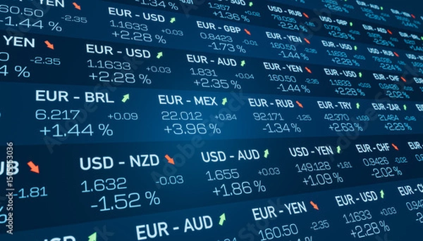 Fototapeta Trading screen, currency board, global currency exchange rates. Trading, data, absolute changes and percentage, stock market and exchange. 3D illustration