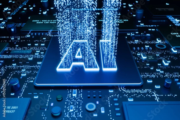 Fototapeta AI artificial intellignece processor on a motherboard, big data, machine learning. Futuristic, innovation, integrated, digital processes, data exchange, binary, connected. 3D illustration