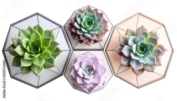 Obraz  “Set of Three Stylized 3D Succulent Plants in Geometric Planters, PNG”.