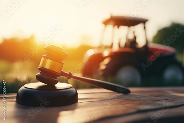 Fototapeta Judge gavel resting on wooden table with tractor and sunset in background representing agricultural law and legal regulations in farming industry