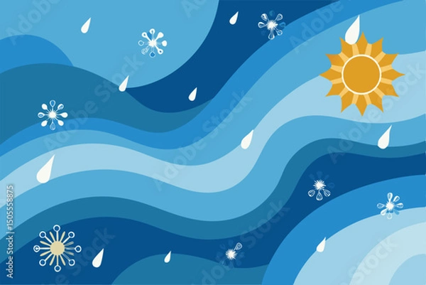 Fototapeta Abstract blue illustration with weather elements like sun snow and rain