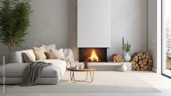 Obraz A modern, minimalist living room with a white couch, fireplace, and minimalist decor.