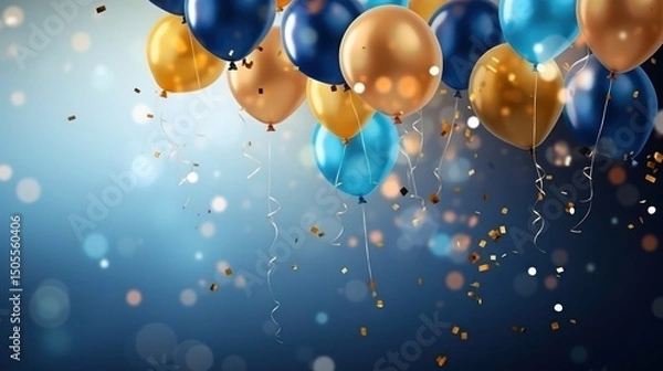 Obraz A group of blue and gold balloons floating against a blue and white background with confetti and streamers.