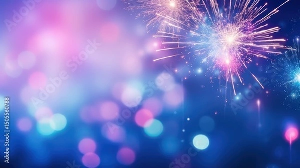 Obraz A vibrant fireworks display against a dark blue sky with a pink and purple gradient.