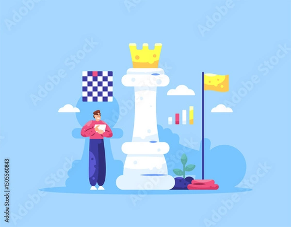 Fototapeta concept of business strategy and success. making plans and strategies to win and succeed. planning, objectives and tactics. illustration of a businessman with chess pieces or pawns. flat style design