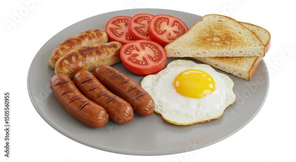 Fototapeta Isolated Breakfast Plate with Sausage, Egg, Toast and Tomatoes