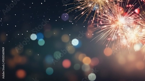 Obraz A festive fireworks display against a dark, starry sky with a blurred, colorful bokeh effect.