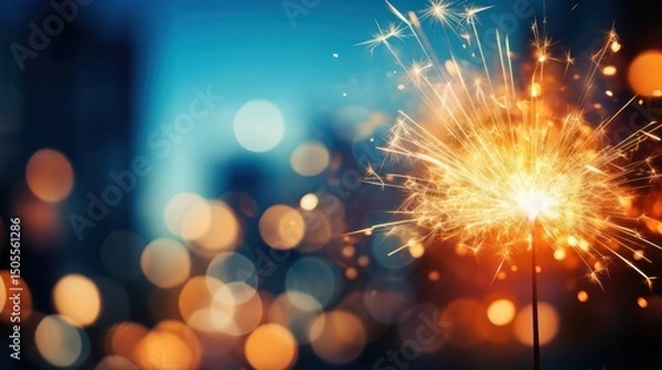 Obraz A sparkler burning in the foreground with a blurred cityscape in the background.
