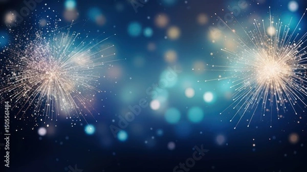 Obraz Two fireworks in the night sky, with a blue and white background.