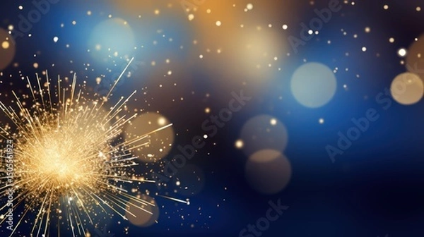 Obraz A festive, golden sparkler against a blue and orange bokeh background, with a blurred, golden sparkler in the foreground and a blurred, golden sparkler in the background.
