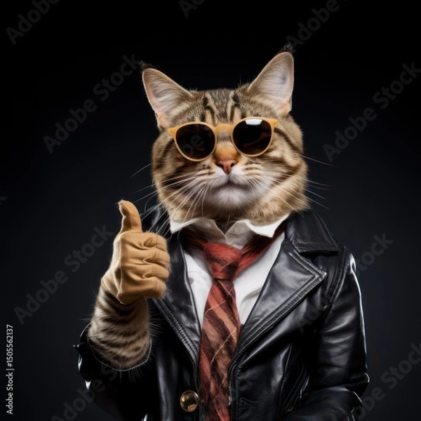 Obraz A cat wearing a suit and tie, giving a thumbs-up, with a black background.