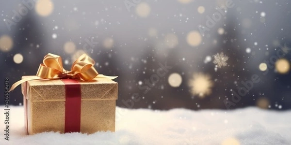 Obraz A golden gift box with a red ribbon and a gold bow, placed on a snowy surface with a blurred background of trees and snowflakes.