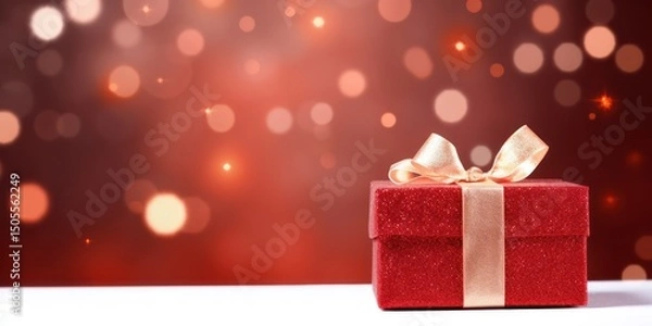 Obraz A red gift box with a gold ribbon on a red and gold bokeh background.
