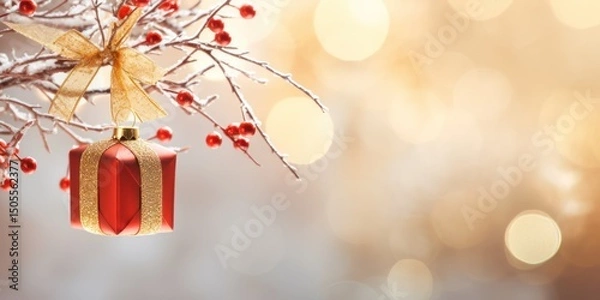 Obraz A red and gold Christmas ornament hanging from a snowy branch with red berries, against a blurred background of warm bokeh lights.