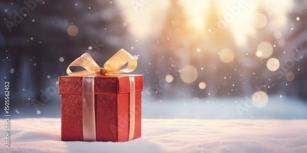 Obraz A red gift box with a gold ribbon on a snowy surface in a winter forest with snowflakes falling.
