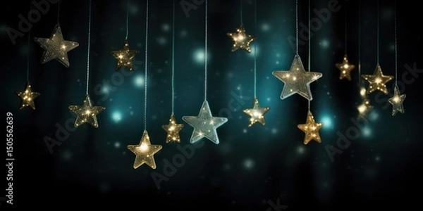 Obraz A festive, starry night sky with twinkling lights and stars, set against a dark blue background with a few stars scattered around.
