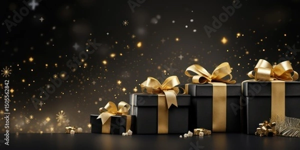 Obraz A black and gold gift box with a ribbon and bow on a black background with stars and snowflakes.