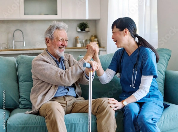 Fototapeta Portrait of a doctor or nurse caregiver supporting senior man, holding hands, high five gesture, at home or nursing home