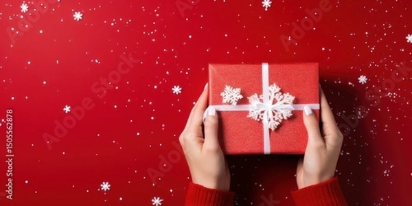 Obraz Woman holding a red gift box with a white ribbon and snowflakes on a red background with snowflakes