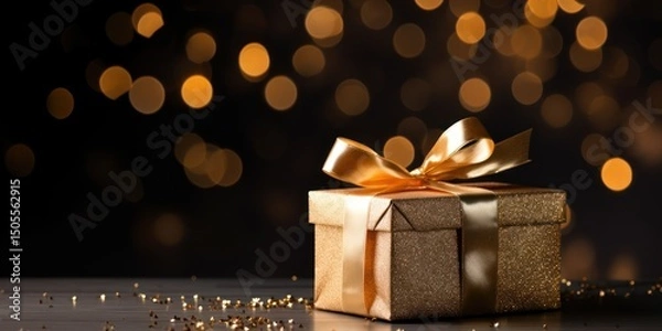 Obraz A beautifully wrapped gift box with a golden ribbon and bow, placed on a wooden table with a blurred background of golden lights.