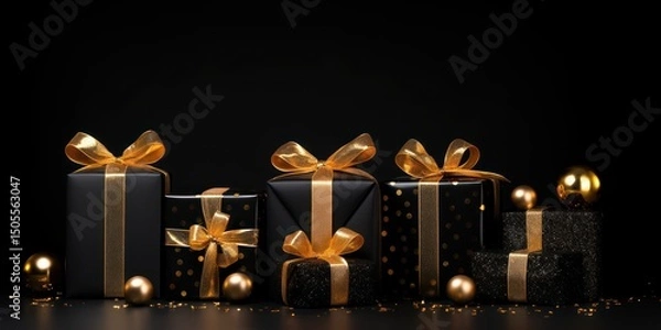 Obraz A black and gold Christmas gift box with a gold bow on a black background with gold and black ornaments.