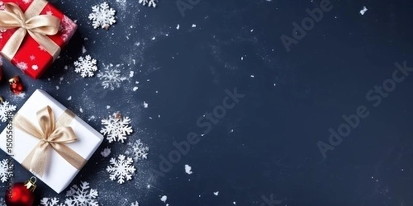 Obraz A festive Christmas scene with a red and white gift box, a red and gold ribbon, and snowflakes on a dark background.