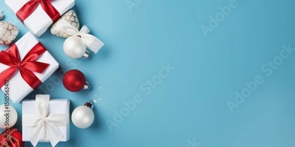 Obraz Christmas presents and ornaments on a blue background