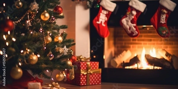 Obraz A cozy Christmas scene with a lit-up Christmas tree, stockings hanging from a fireplace, and a warm, inviting atmosphere.