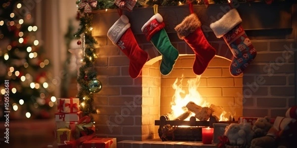 Obraz A cozy Christmas scene with a lit fireplace, decorated with stockings and ornaments, and a Christmas tree in the background.