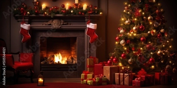 Obraz A cozy Christmas scene with a lit fireplace, a decorated Christmas tree, and a red chair in front of the tree.