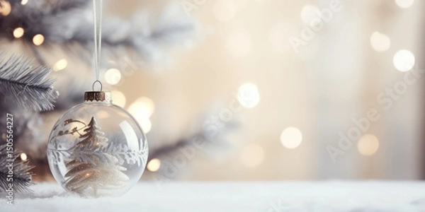 Obraz A snow-covered Christmas tree with a clear glass bauble hanging from its branch, against a soft, bokeh-lit background with a warm, golden hue.